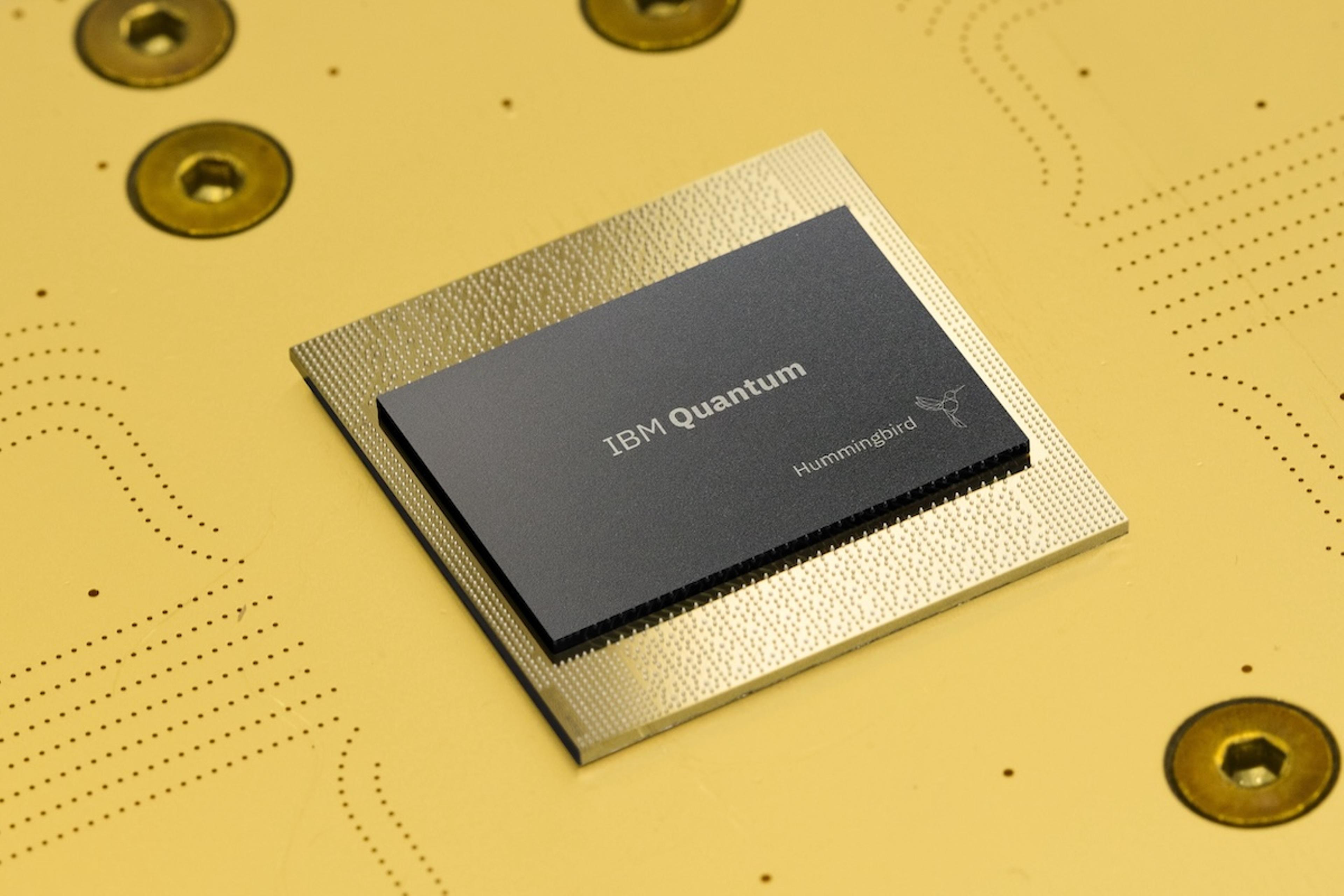 A close up of the IBM Quantum Hummingbird chip